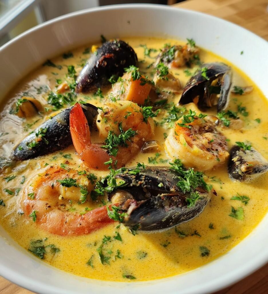 kramig skaldjurssoppa med saffran