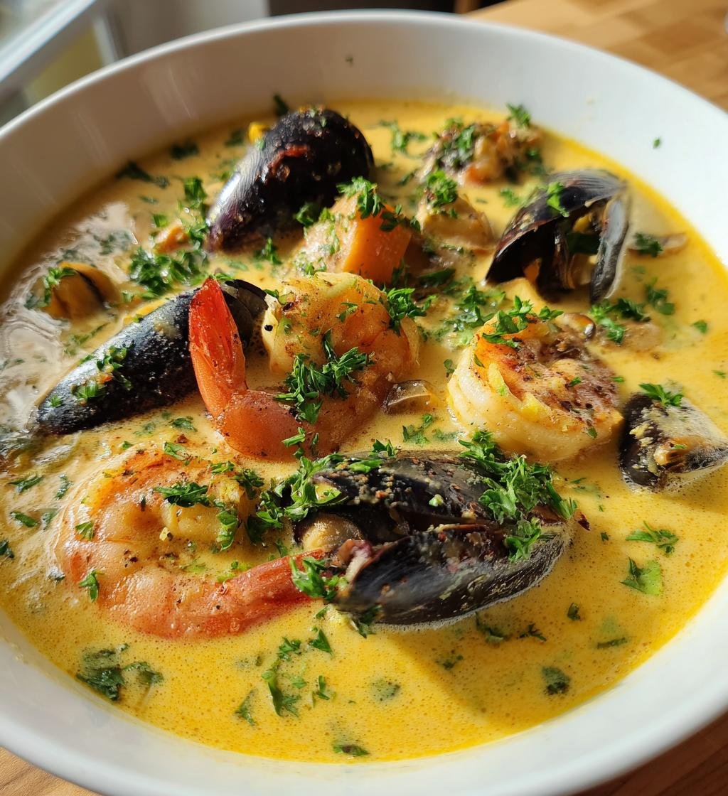 kramig skaldjurssoppa med saffran