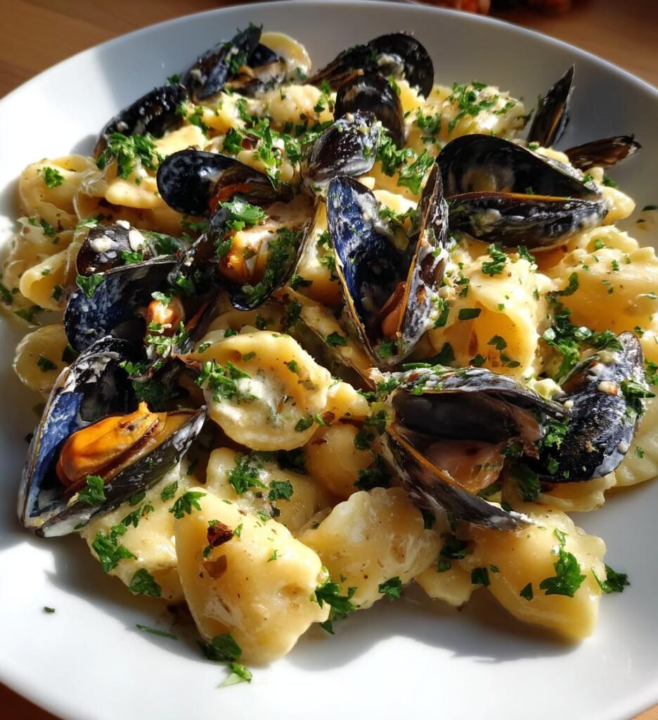 pasta med musslor i vitvinssas